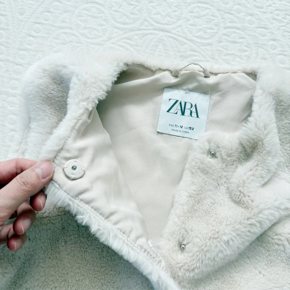 Zara Kids Faux Fur Vest Cream Off White Snap Front‎ Pockets Size 11-12 152cm